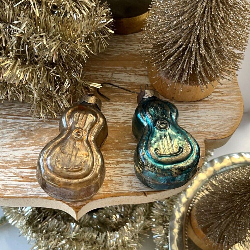 2 Vintage violin guitar Christmas ornaments glass, old and beautiful